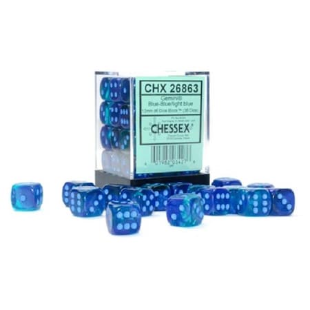 Time2Play 12 mm D6 Cube Gemini Luminary Blue & Blue Dice with Light Blue Pips, 36PK TI3295614
